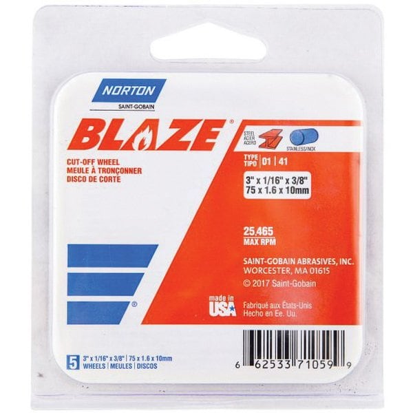Norton Abrasives Abrasive Cut-Off Wheel, Type 1, 3 in Dia, 1/16 In. Thick, Ceramic Alumina 66253371059 - main